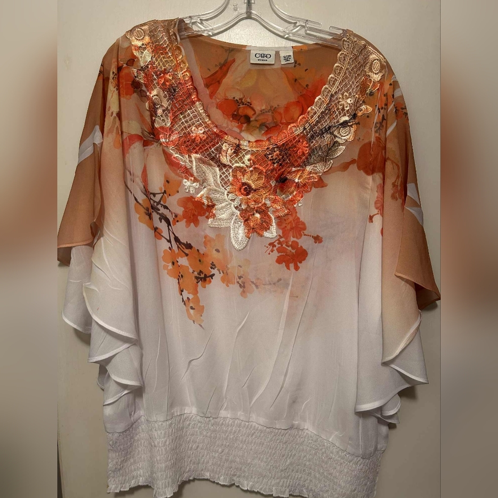 Cato Women's Floral Blouse - Orange and White